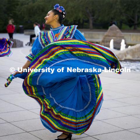 Dancers performing a traditional  dance. Fiesta on the green at the Nebraska Union Plaza. Fiesta on the Green is an annual Latino culture and heritage festival. October 5, 2023. Photo by Kristen Labadie / University Communication.